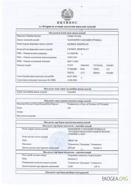 Tadjikistan Certificat d'enregistrement template